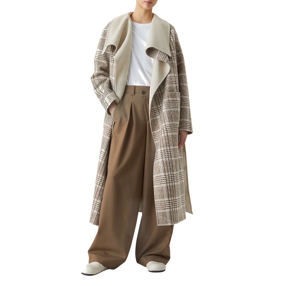 CLOSED Plaid Belted Shawl Collar‎ Long Wool Blend Coat in Golden Wood M MSRP 995